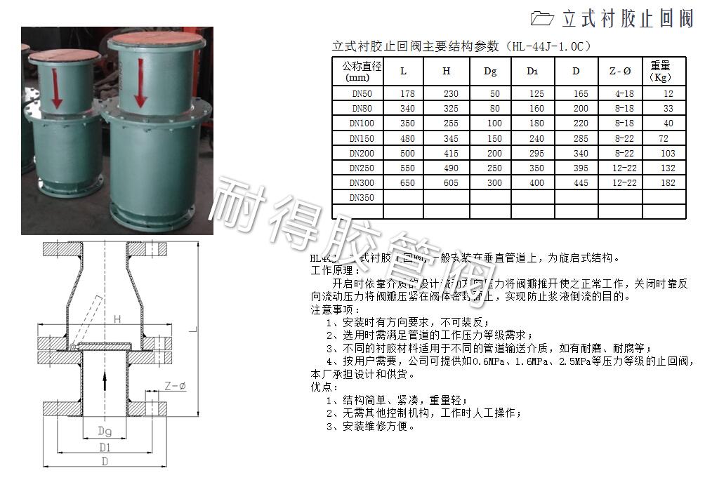 立式襯膠止回閥產品參數
